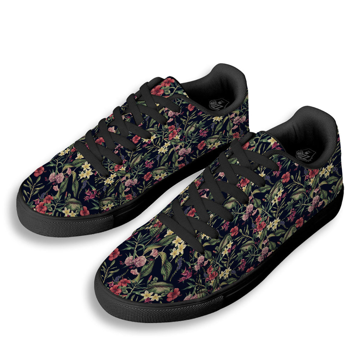 Flowers Hawaiian Tropical Print Pattern Black Low Top Sneakers-grizzshop