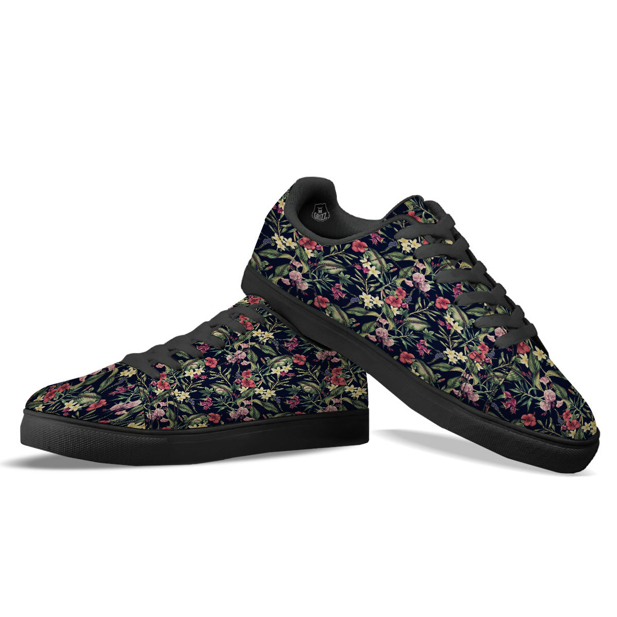 Flowers Hawaiian Tropical Print Pattern Black Low Top Sneakers-grizzshop