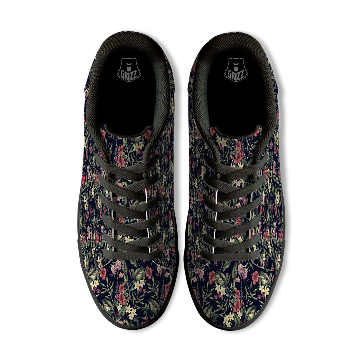 Flowers Hawaiian Tropical Print Pattern Black Low Top Sneakers-grizzshop