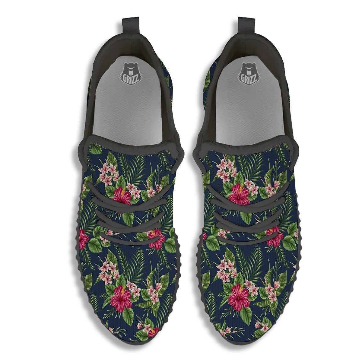 Flowers Hibiscus Plumeria Print Pattern Black Walking Shoes-grizzshop