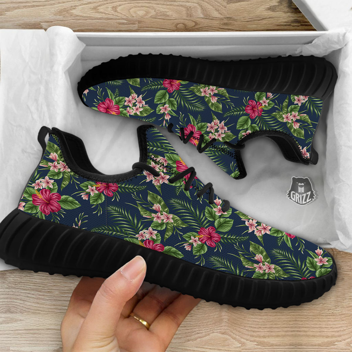 Flowers Hibiscus Plumeria Print Pattern Black Walking Shoes-grizzshop