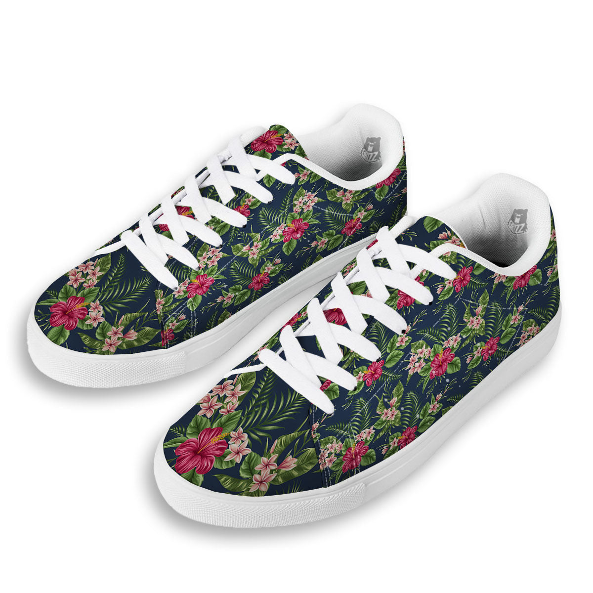 Flowers Hibiscus Plumeria Print Pattern White Low Top Sneakers-grizzshop