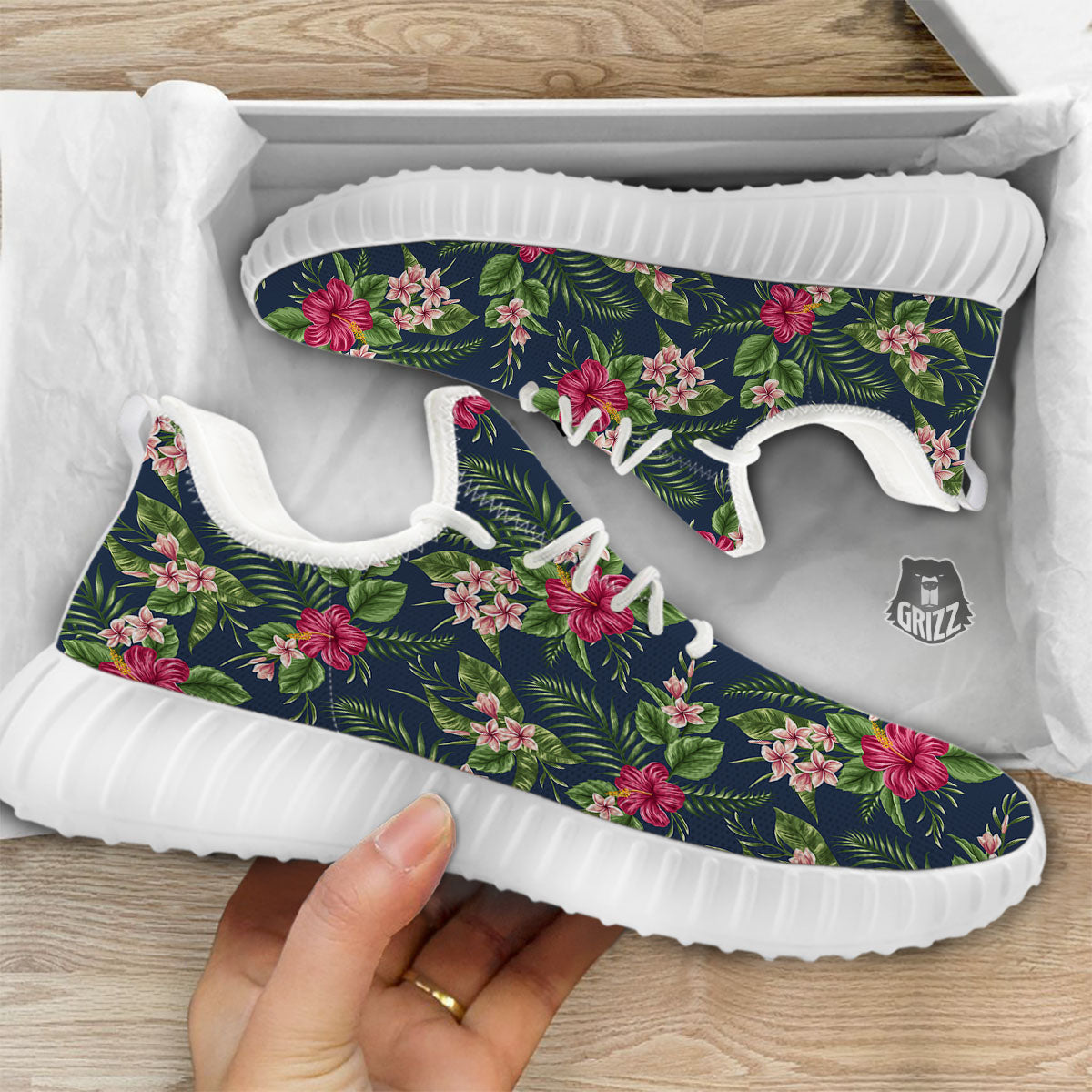 Flowers Hibiscus Plumeria Print Pattern White Walking Shoes-grizzshop