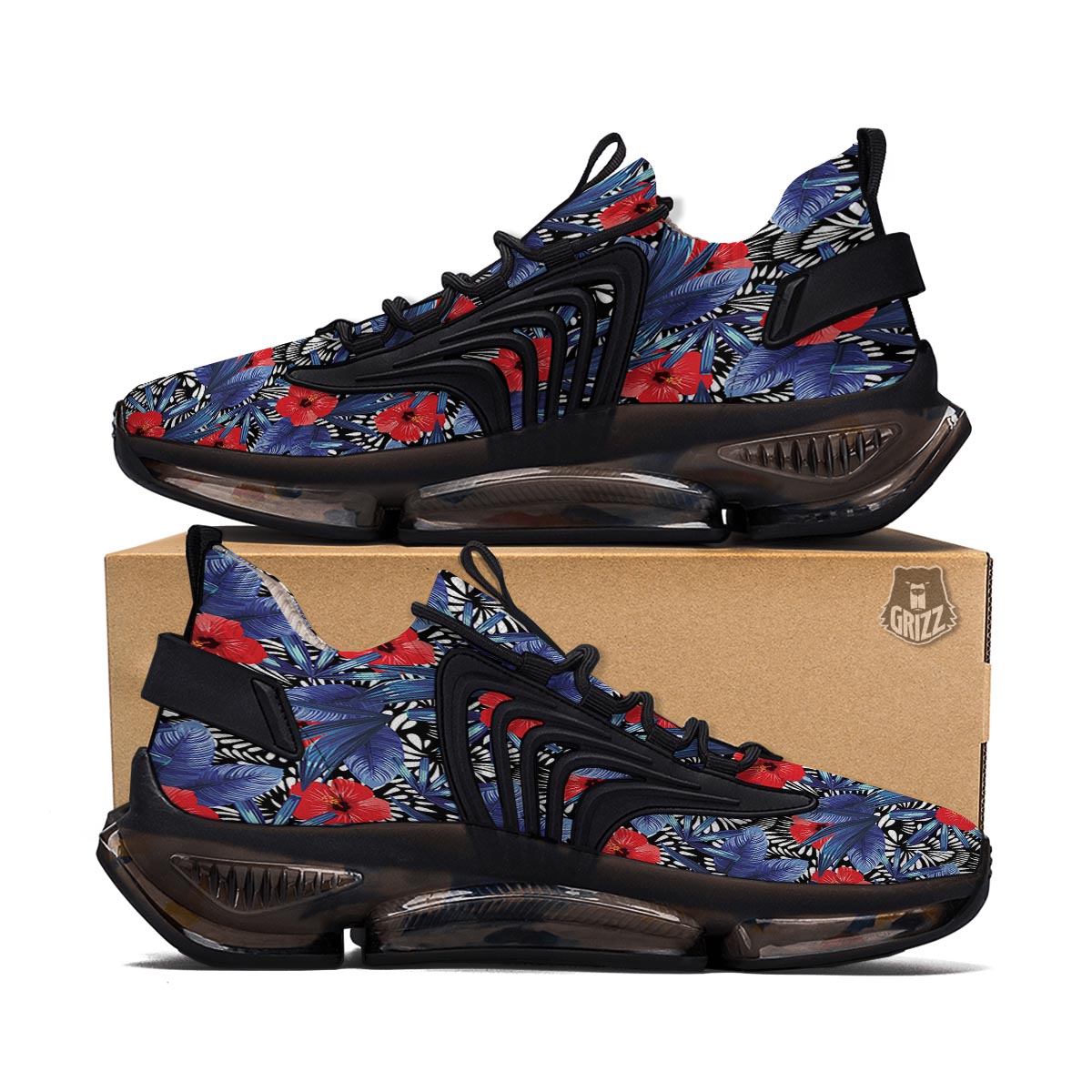 Flowers Red Hibiscus Print Pattern Black Gym Shoes-grizzshop