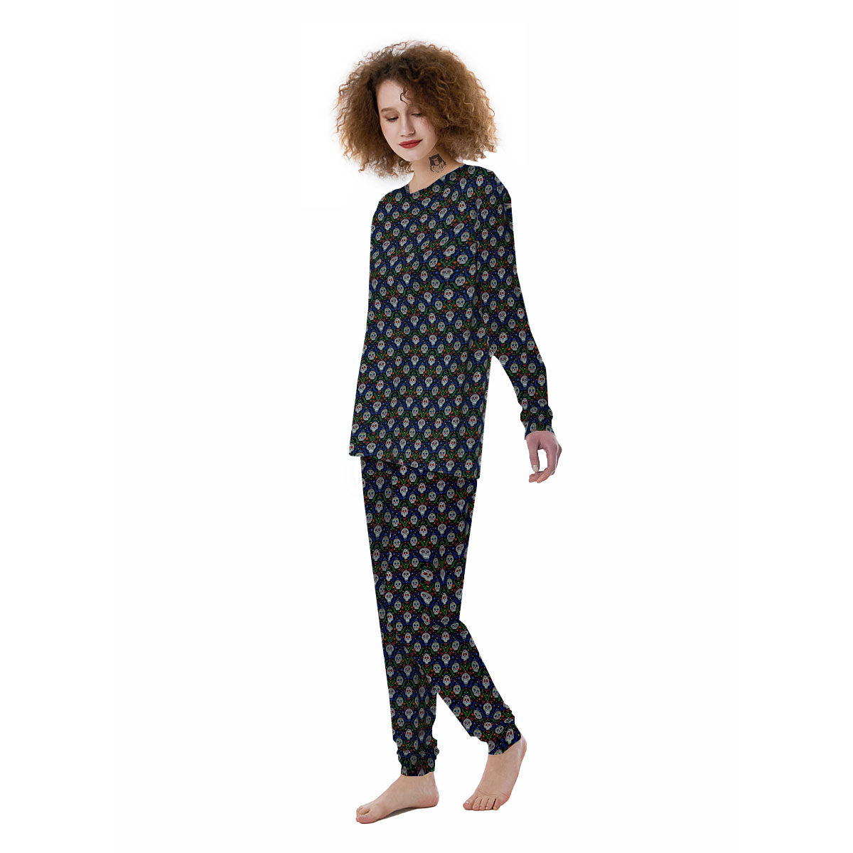 Flowers Skull Green Blue Print Pattern Women's Pajamas-grizzshop