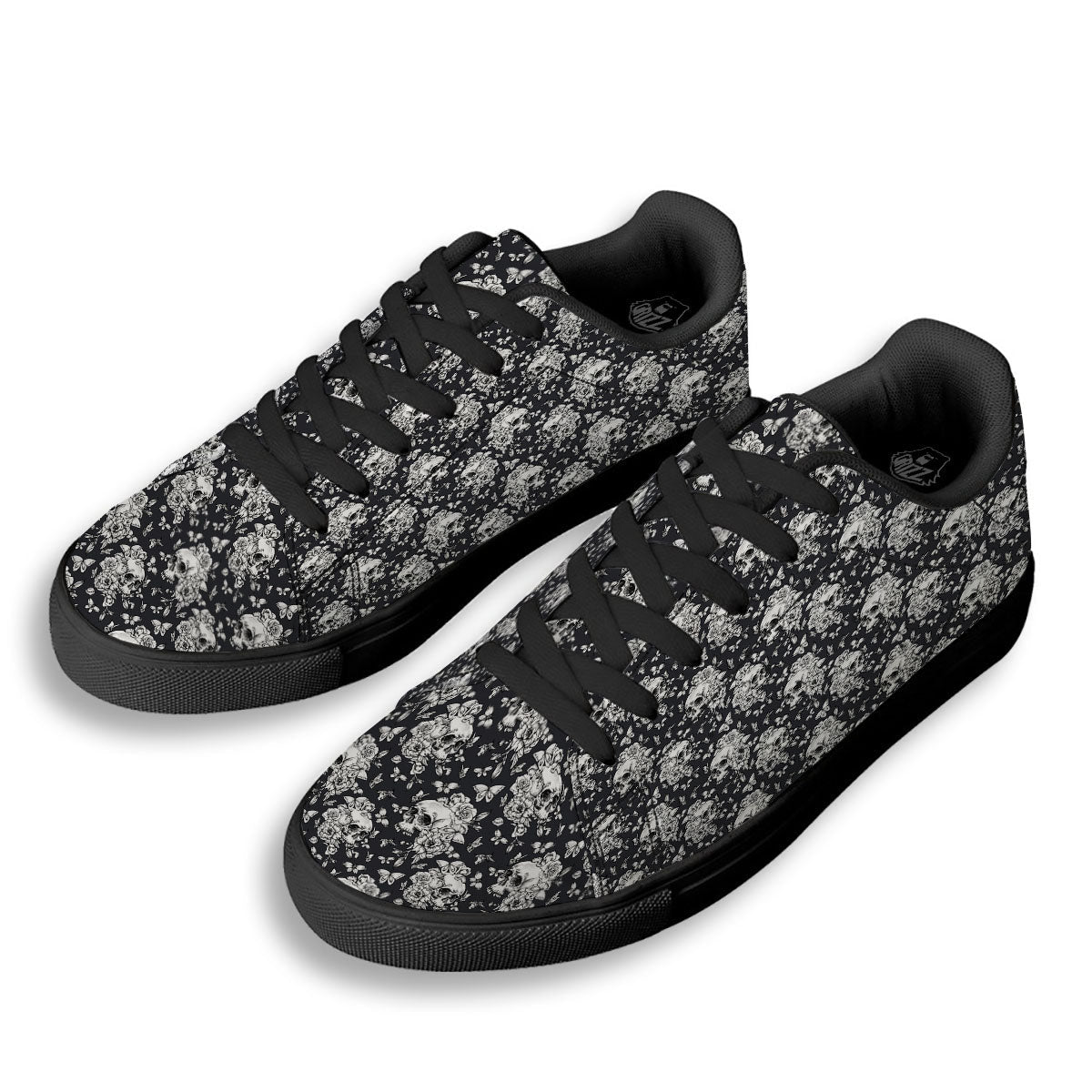 Flowers Skull Monochrome Print Pattern Black Low Top Sneakers-grizzshop