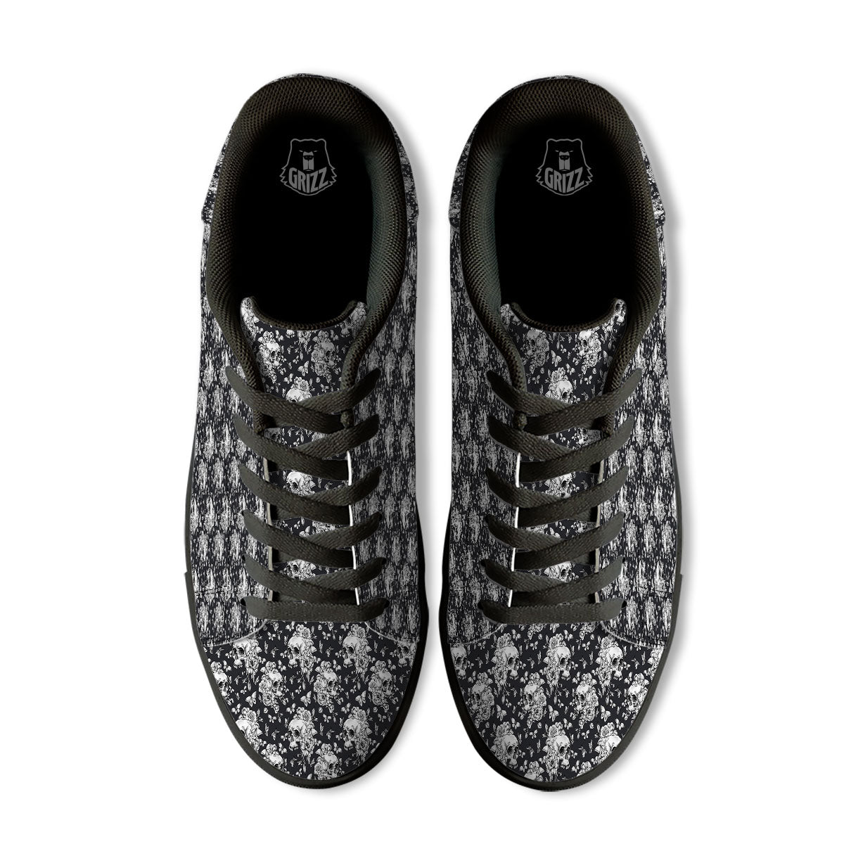 Flowers Skull Monochrome Print Pattern Black Low Top Sneakers-grizzshop