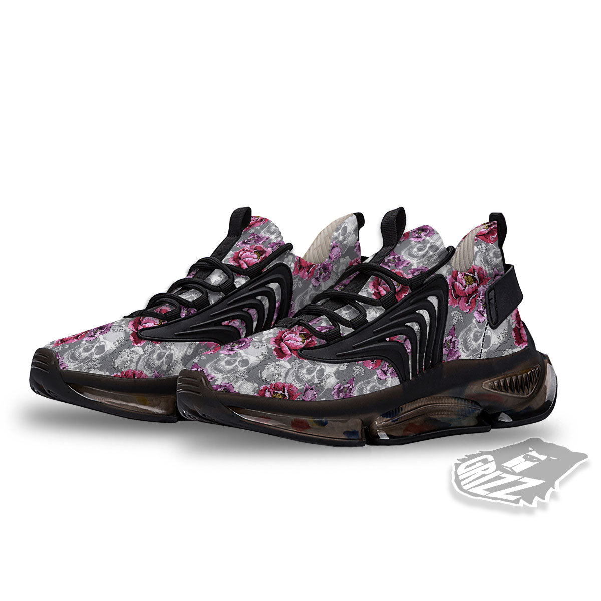 Flowers Skull Pink Print Pattern Black Gym Shoes-grizzshop