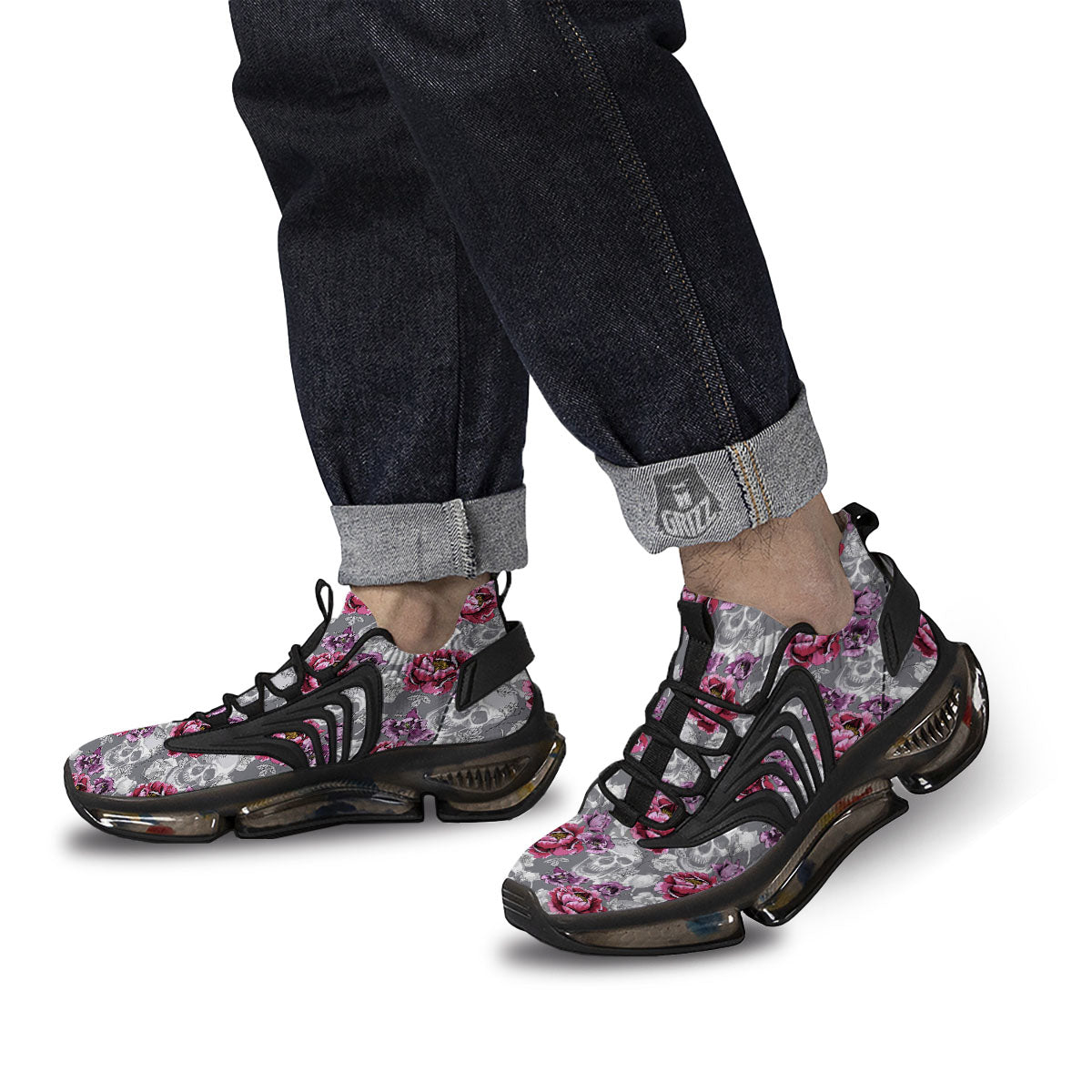 Flowers Skull Pink Print Pattern Black Gym Shoes-grizzshop