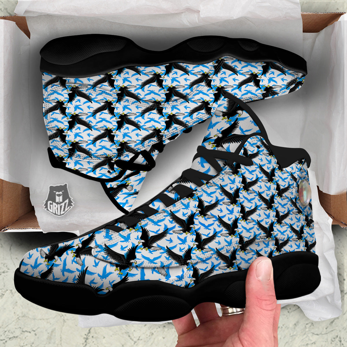 Flying Bald Eagles Blue White Print Pattern Black Basketball Shoes-grizzshop