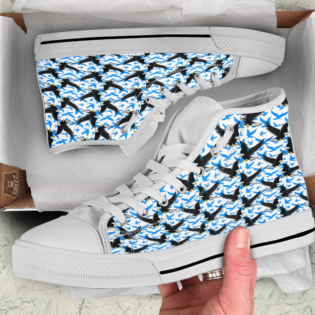Flying Bald Eagles Blue White Print Pattern White High Top Shoes-grizzshop