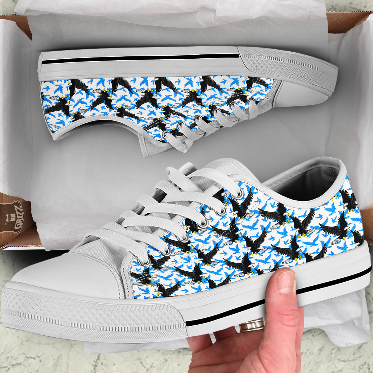 Flying Bald Eagles Blue White Print Pattern White Low Top Shoes-grizzshop