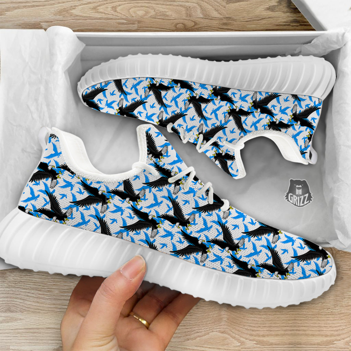Flying Bald Eagles Blue White Print Pattern White Walking Shoes-grizzshop