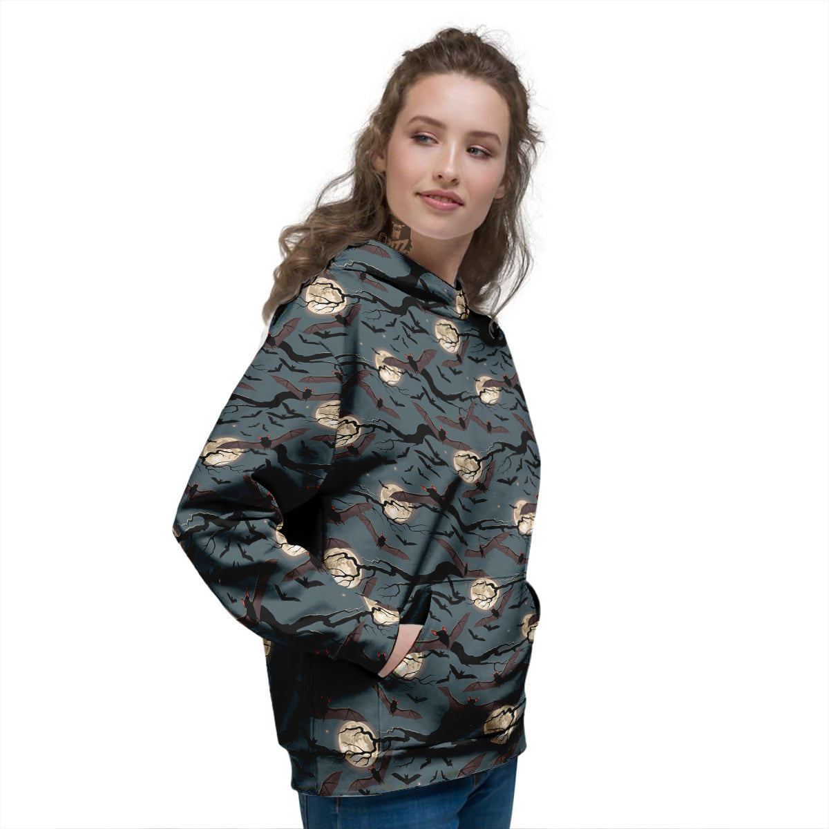 Flying Bat In The Moonlight Print Pattern Women's Hoodie-grizzshop