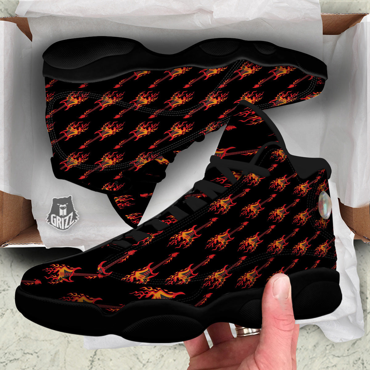 Flying Burning Guitars Print Pattern Black Basketball Shoes-grizzshop
