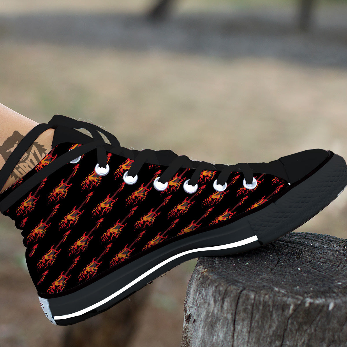 Flying Burning Guitars Print Pattern Black High Top Shoes-grizzshop