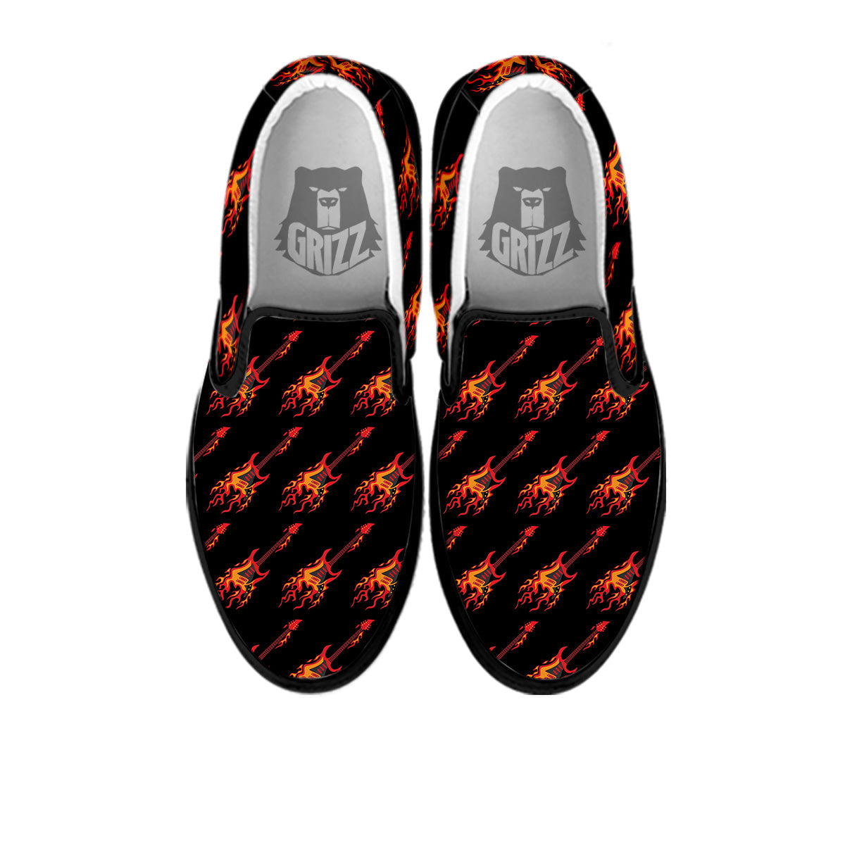 Flying Burning Guitars Print Pattern Black Slip On Shoes-grizzshop