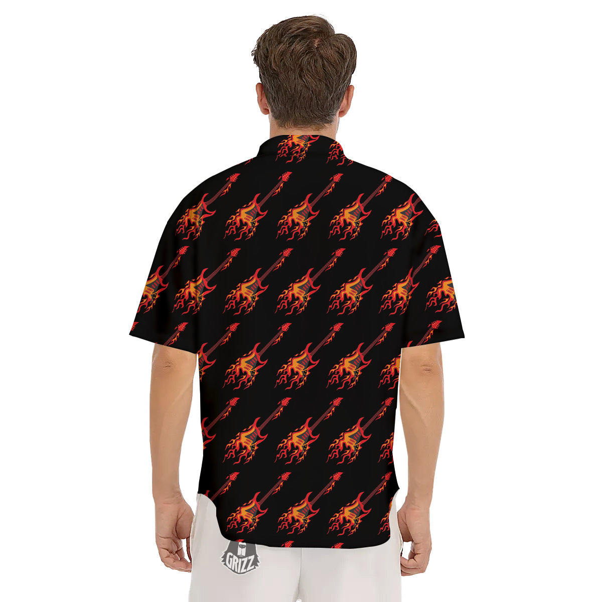 Flying Burning Guitars Print Pattern Men's Short Sleeve Shirts-grizzshop