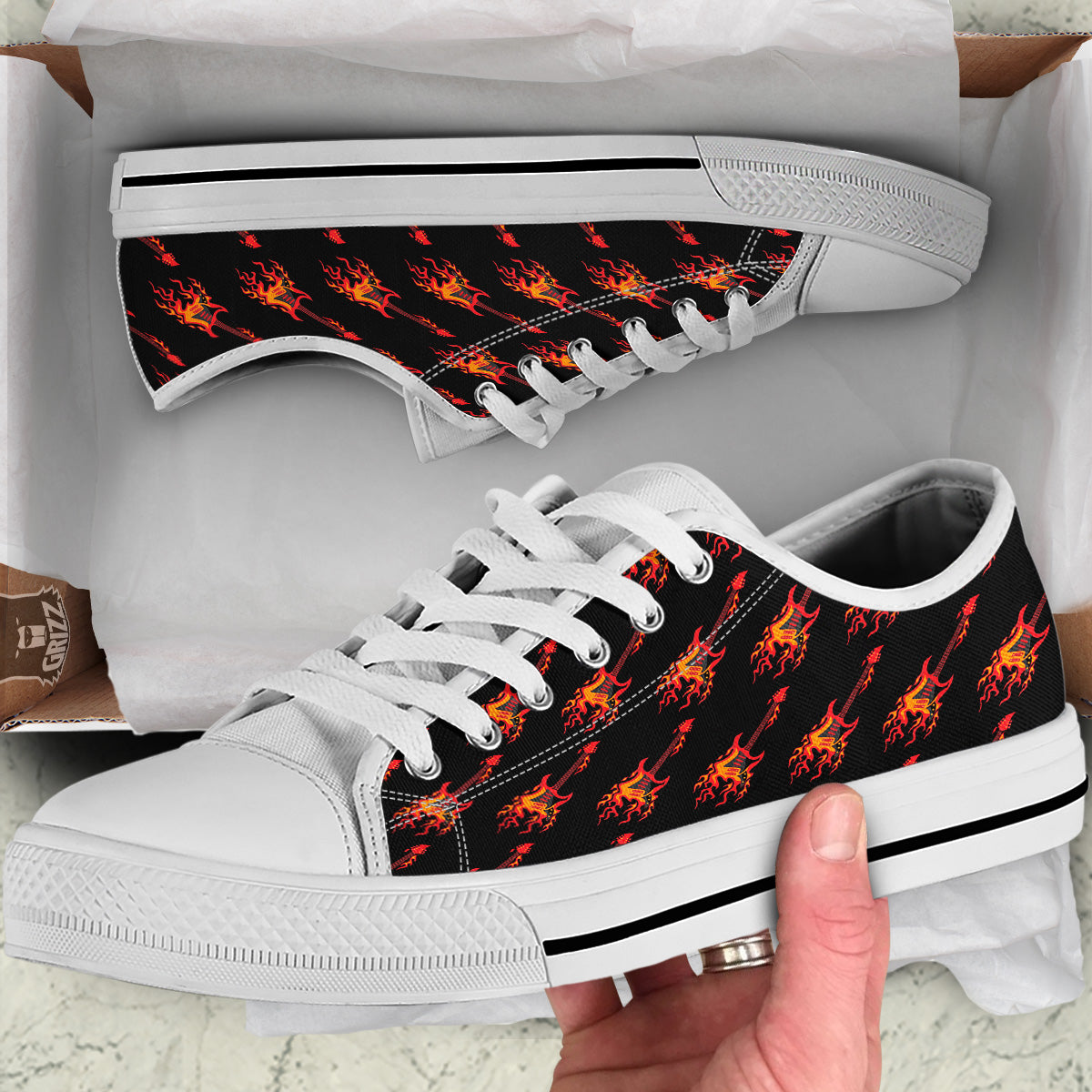 Flying Burning Guitars Print Pattern White Low Top Shoes-grizzshop