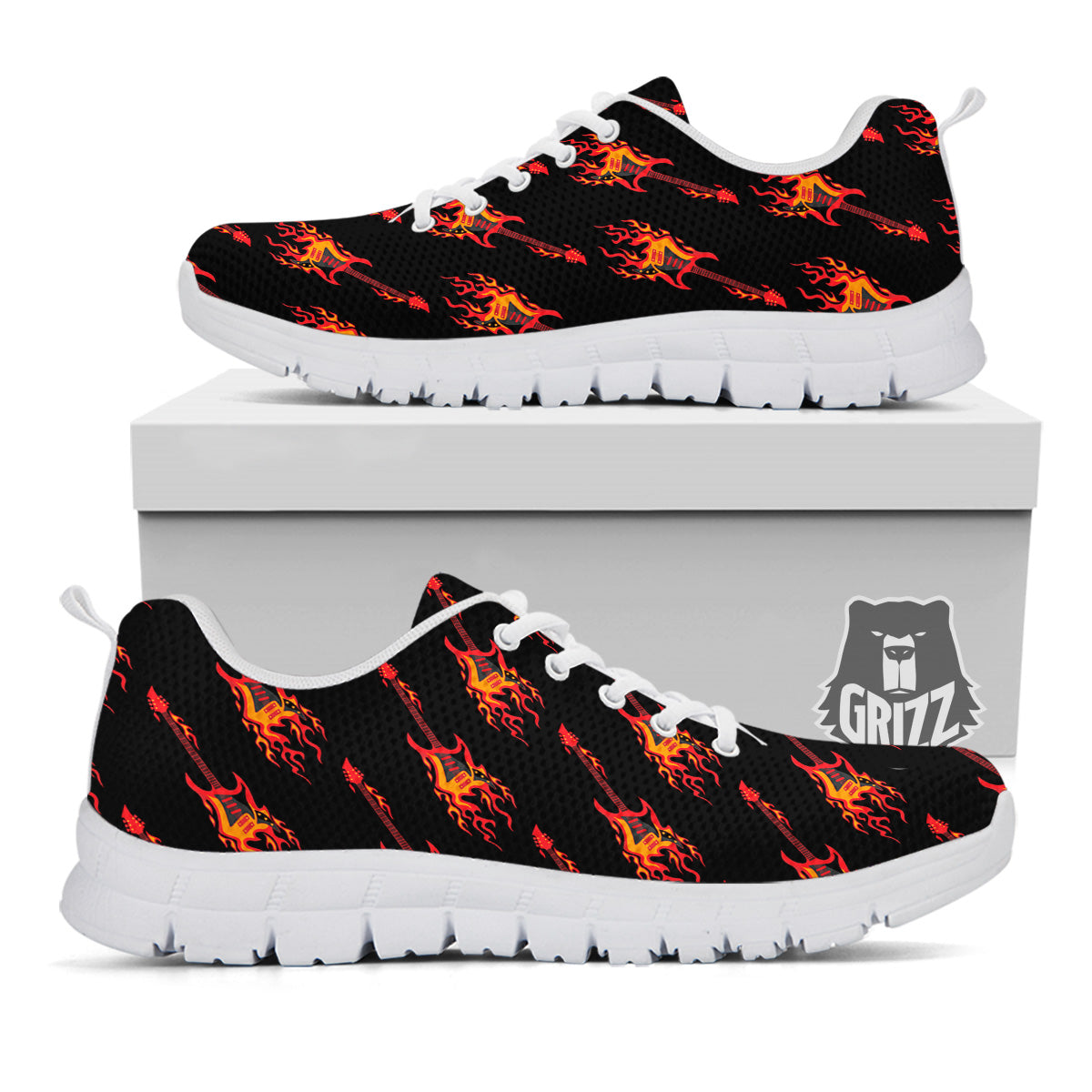 Flying Burning Guitars Print Pattern White Sneaker-grizzshop