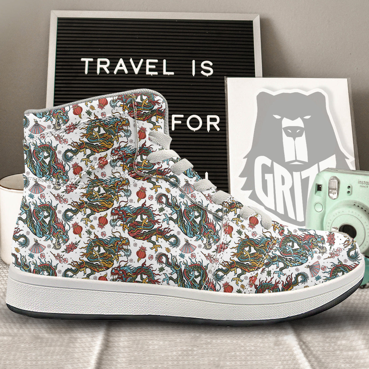 Flying Chinese Dragons Tattoo Print Pattern High Top Sneakers-grizzshop