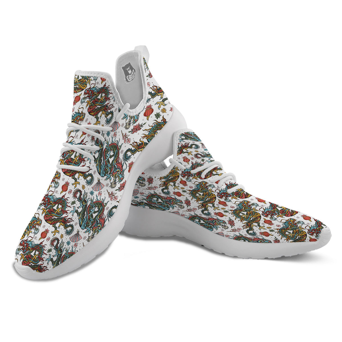 Flying Chinese Dragons Tattoo Print Pattern White Athletic Shoes-grizzshop