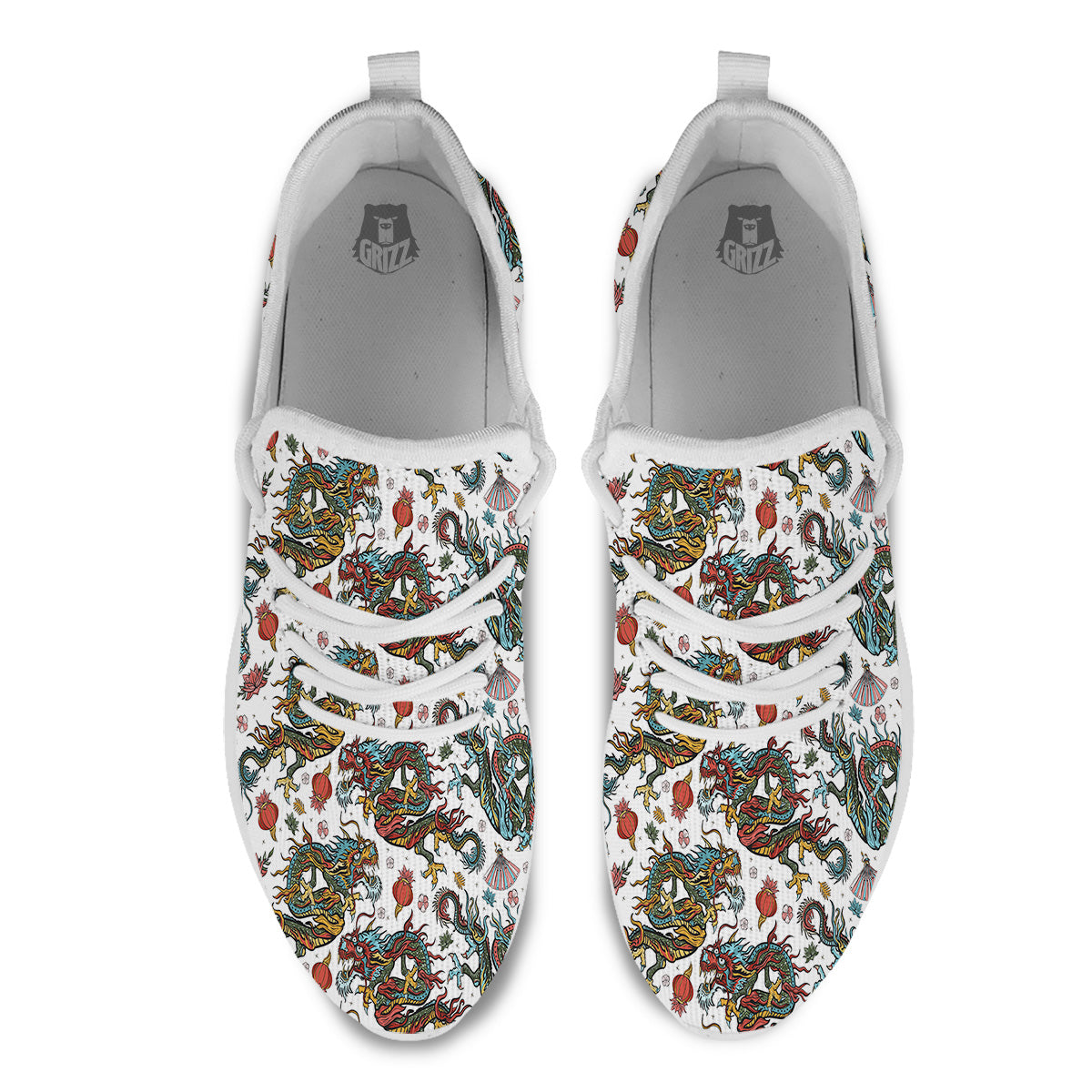 Flying Chinese Dragons Tattoo Print Pattern White Athletic Shoes-grizzshop