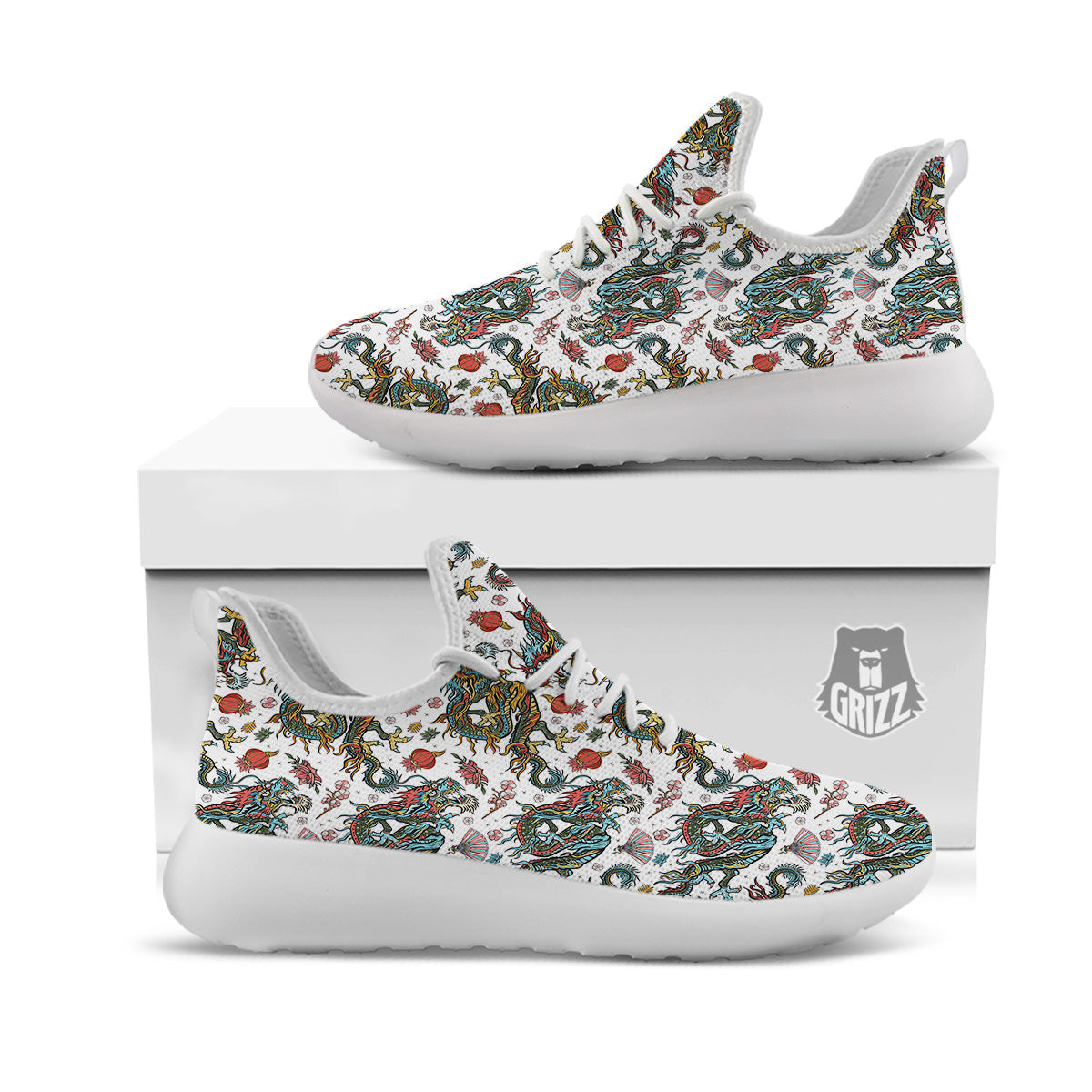 Flying Chinese Dragons Tattoo Print Pattern White Athletic Shoes-grizzshop