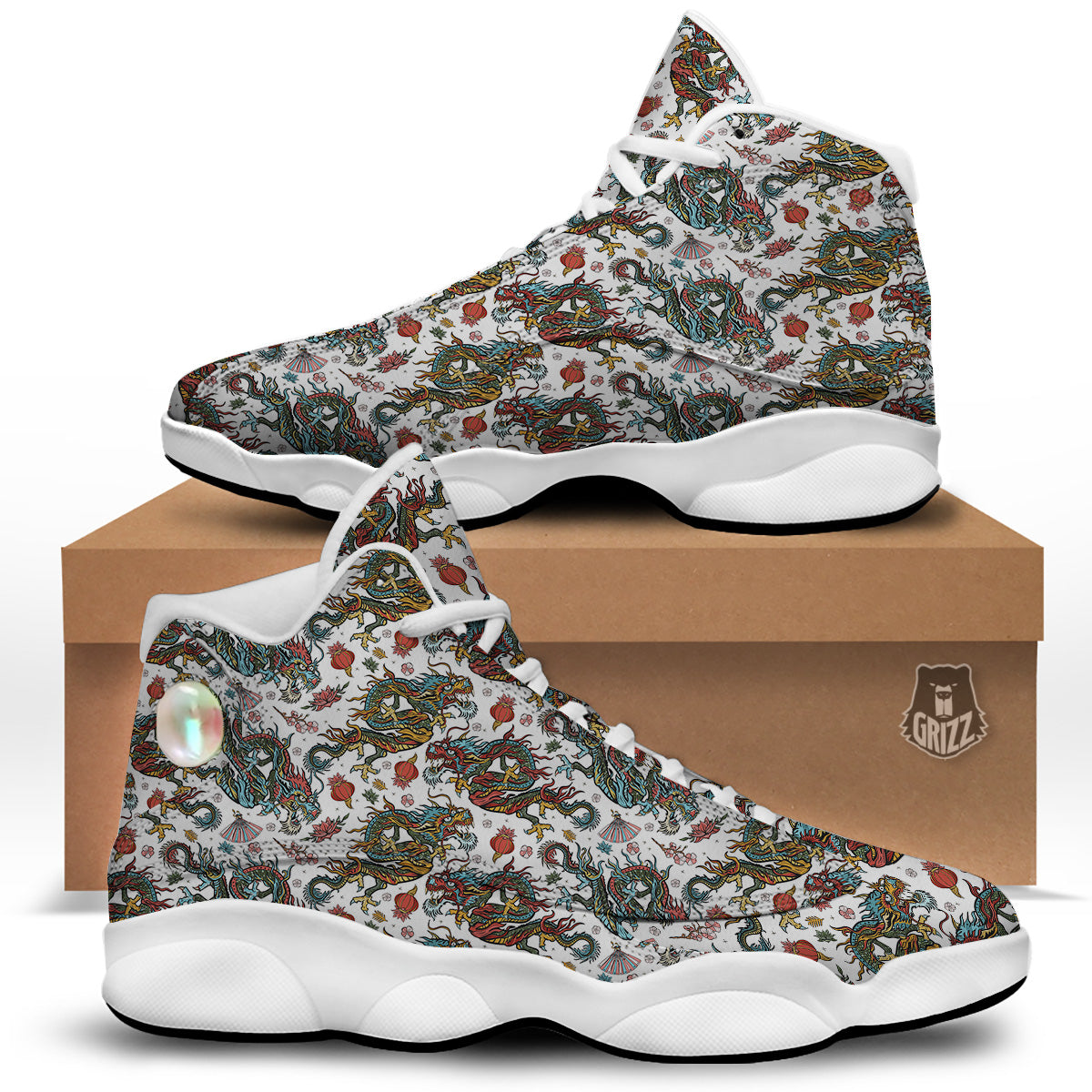 Flying Chinese Dragons Tattoo Print Pattern White Basketball Shoes-grizzshop