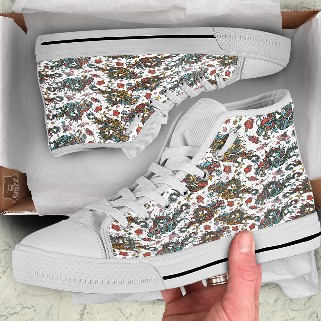 Flying Chinese Dragons Tattoo Print Pattern White High Top Shoes-grizzshop