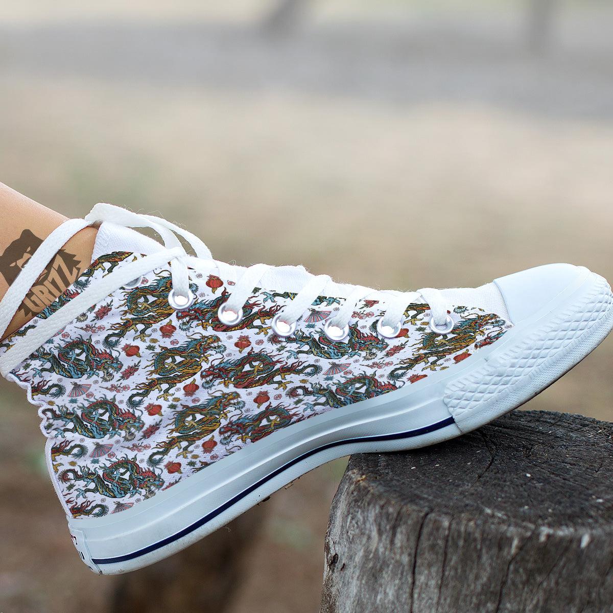 Flying Chinese Dragons Tattoo Print Pattern White High Top Shoes-grizzshop