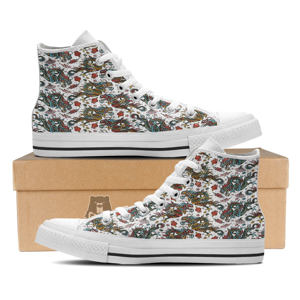 Flying Chinese Dragons Tattoo Print Pattern White High Top Shoes-grizzshop