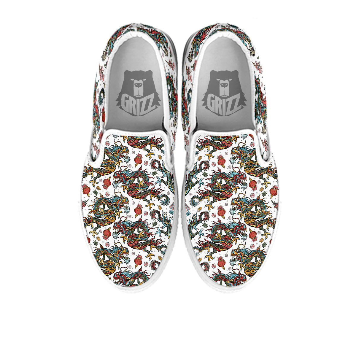 Flying Chinese Dragons Tattoo Print Pattern White Slip On Shoes-grizzshop