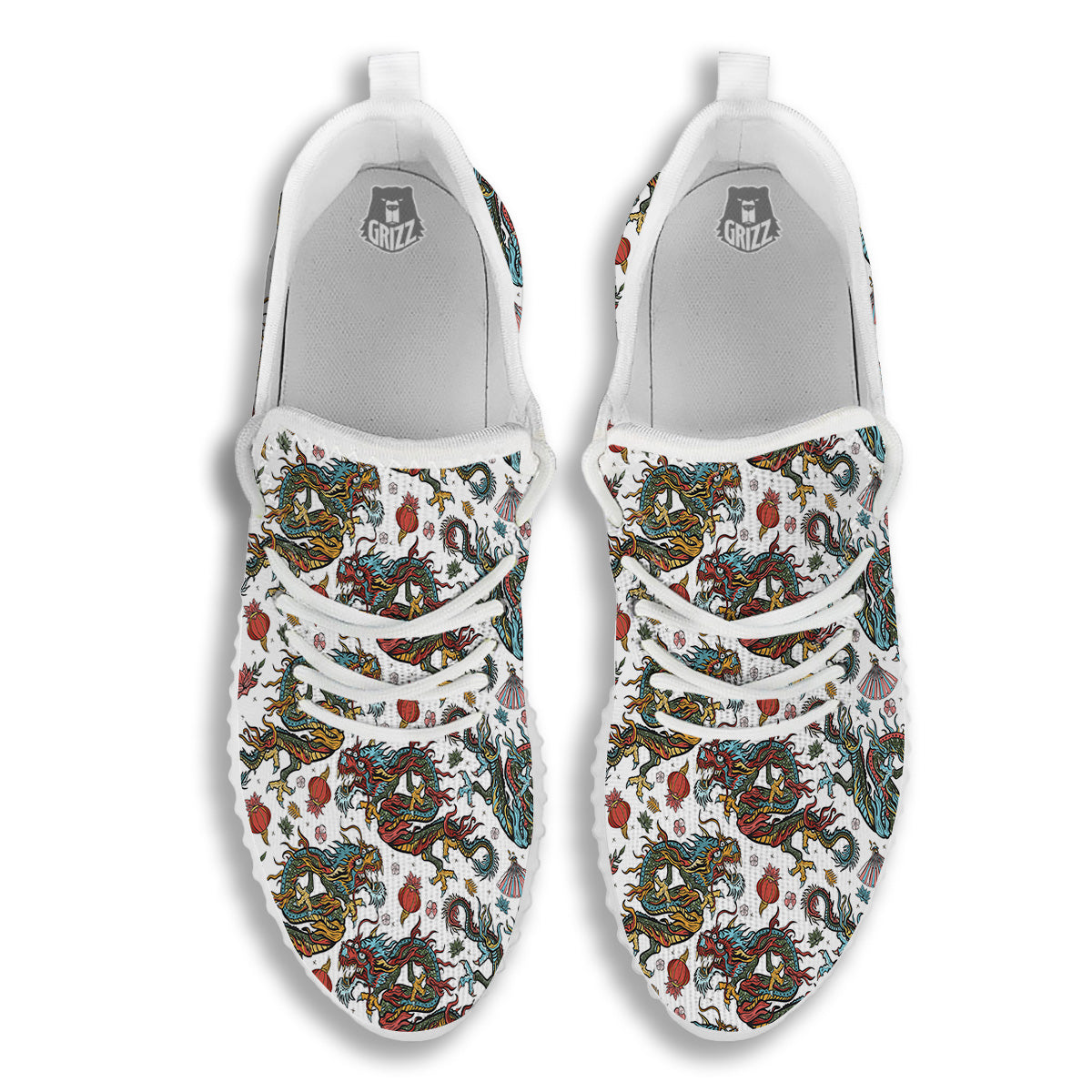 Flying Chinese Dragons Tattoo Print Pattern White Walking Shoes-grizzshop