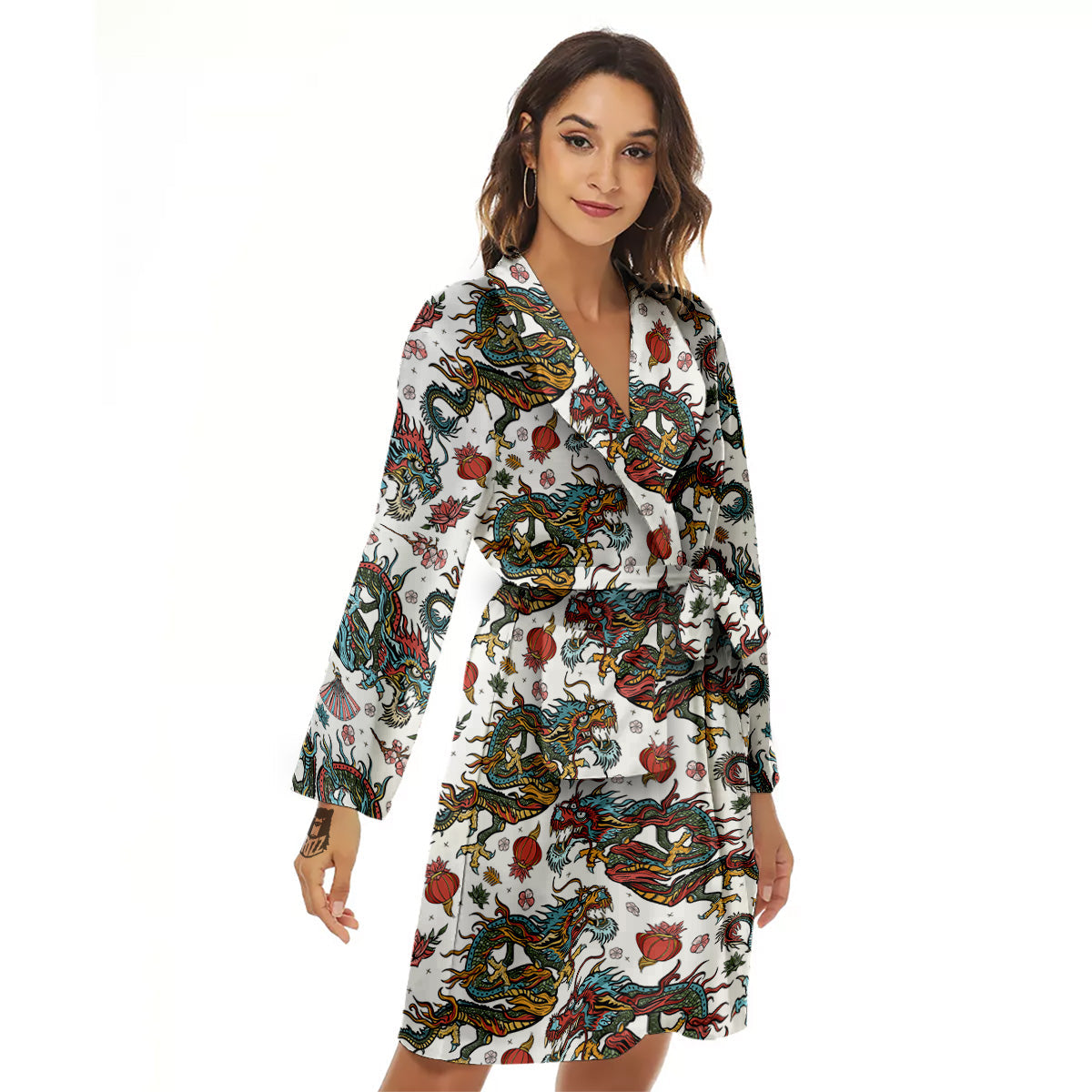 Flying Chinese Dragons Tattoo Print Pattern Women's Robe-grizzshop