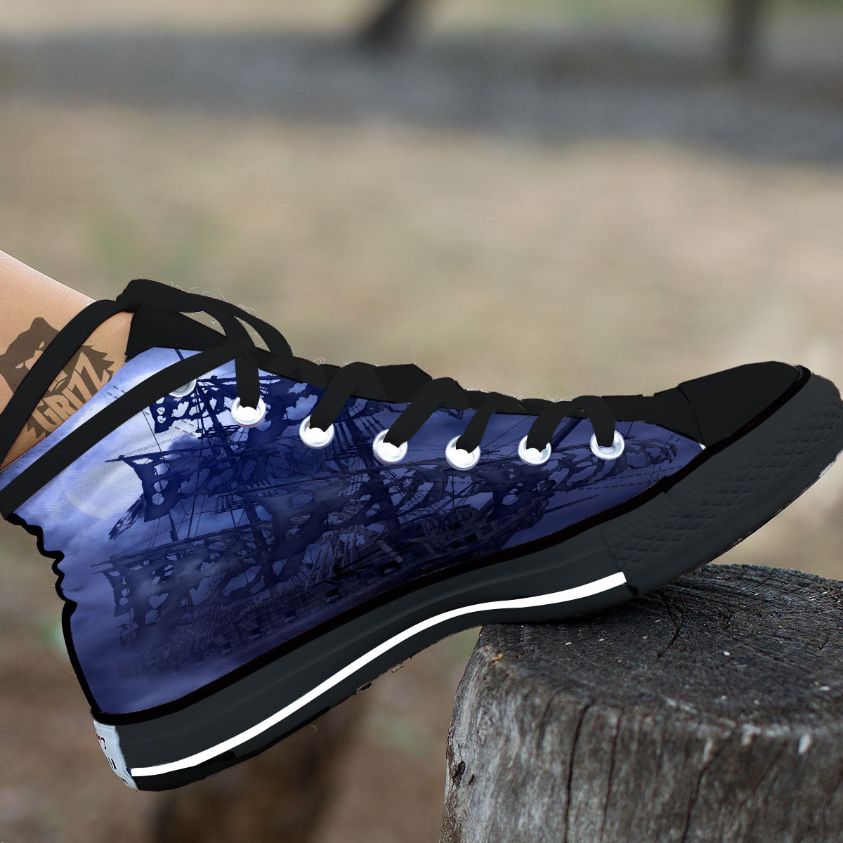 Flying Dutchman Ghost Pirate Ship Print Black High Top Shoes-grizzshop