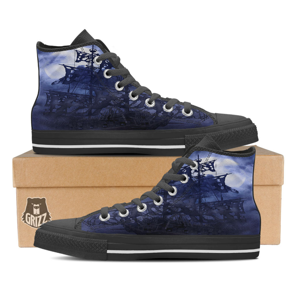 Flying Dutchman Ghost Pirate Ship Print Black High Top Shoes-grizzshop