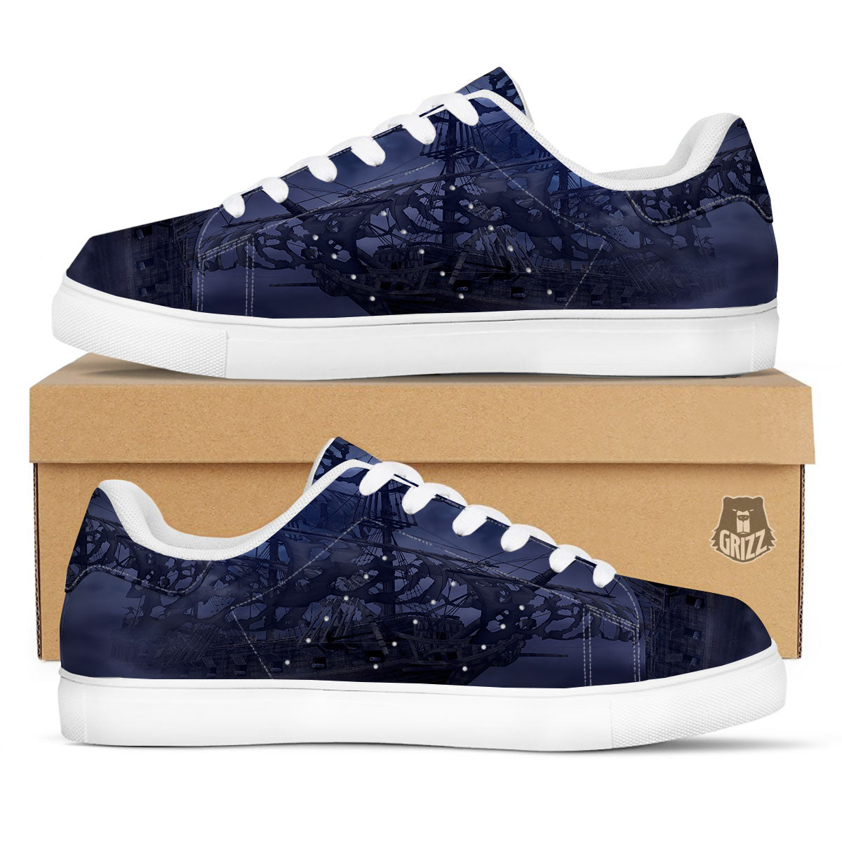 Flying Dutchman Ghost Pirate Ship Print White Low Top Sneakers-grizzshop