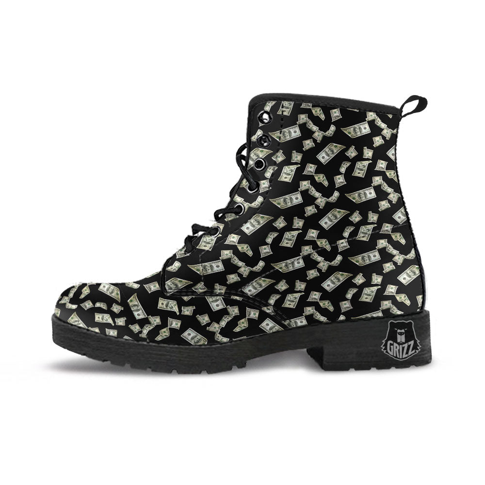Flying US Dollar Money Print Leather Boots-grizzshop