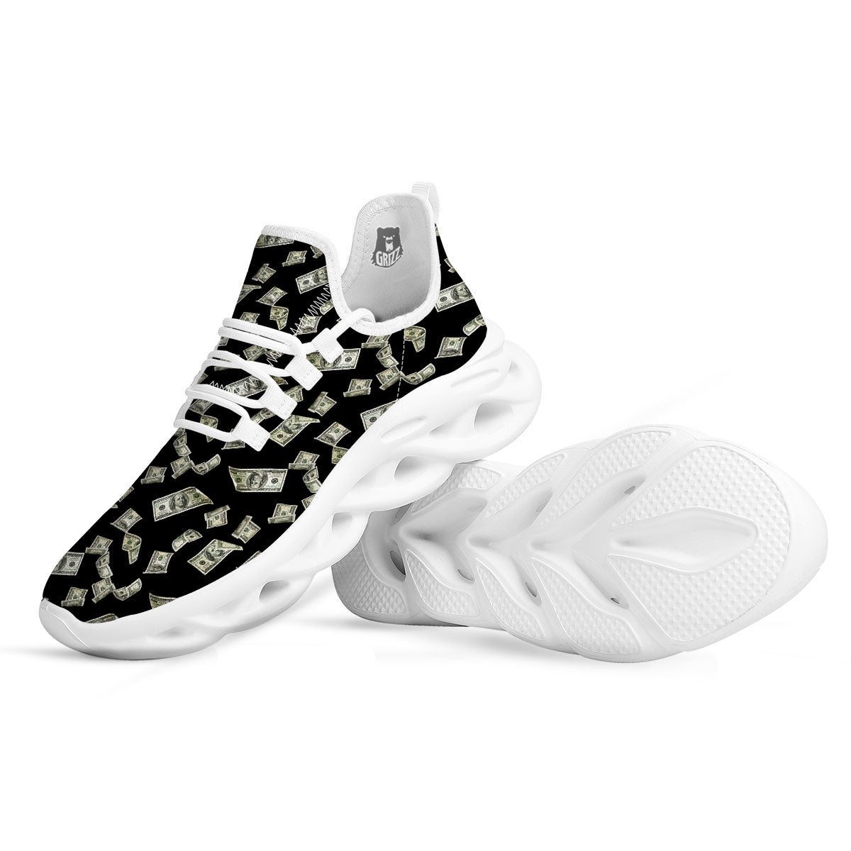 Flying US Dollar Money Print White Running Shoes-grizzshop