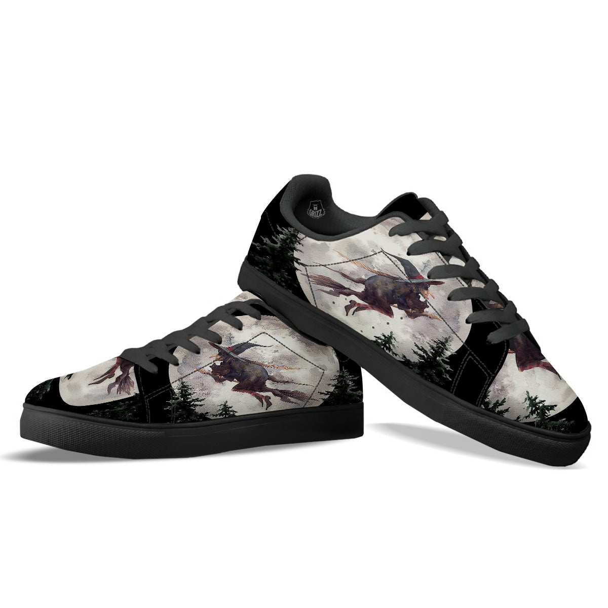 Flying Witch Halloween Full Moon Print Black Low Top Sneakers-grizzshop