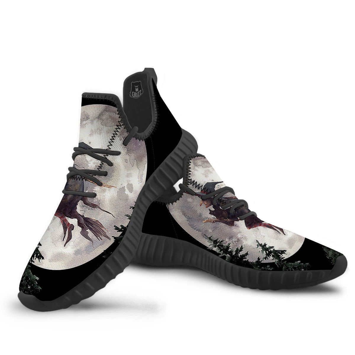 Flying Witch Halloween Full Moon Print Black Walking Shoes-grizzshop