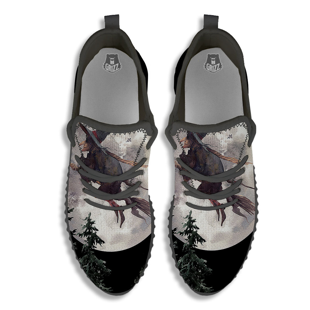 Flying Witch Halloween Full Moon Print Black Walking Shoes-grizzshop