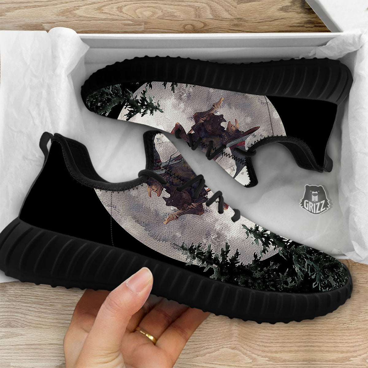 Flying Witch Halloween Full Moon Print Black Walking Shoes-grizzshop