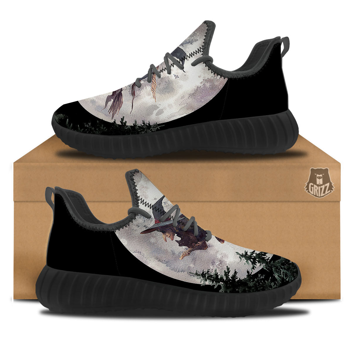Flying Witch Halloween Full Moon Print Black Walking Shoes-grizzshop