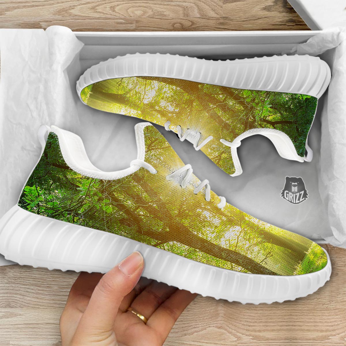 Forest Sunrise Print White Walking Shoes-grizzshop