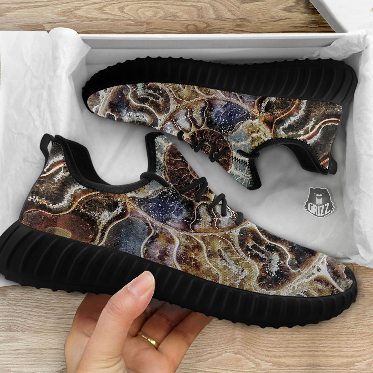 Fossil Ammonite Print Black Walking Shoes-grizzshop