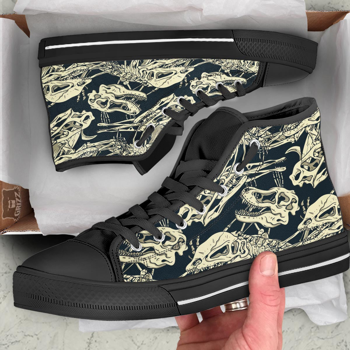 Fossil Dino And T Rex Print Pattern Black High Top Shoes-grizzshop