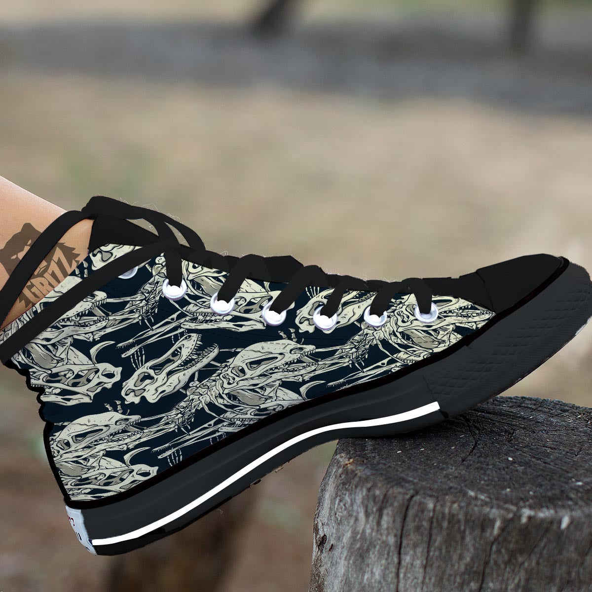 Fossil Dino And T Rex Print Pattern Black High Top Shoes-grizzshop