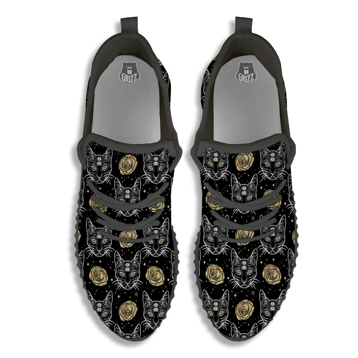 Four Eyed Cat And Roses Gold Print Pattern Black Walking Shoes-grizzshop